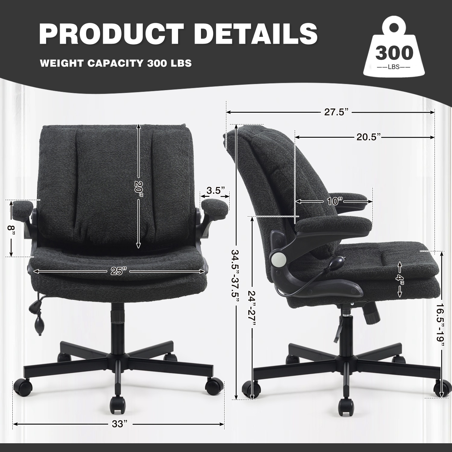 Ergonomic Office Chair With 2-in-1 Flip-Up Back, 25" Wide Seat, Airbag Lumbar Support, Flip-Up Armrests, Height Adjustable Towel Fabric Desk Chair_maomaolike.com